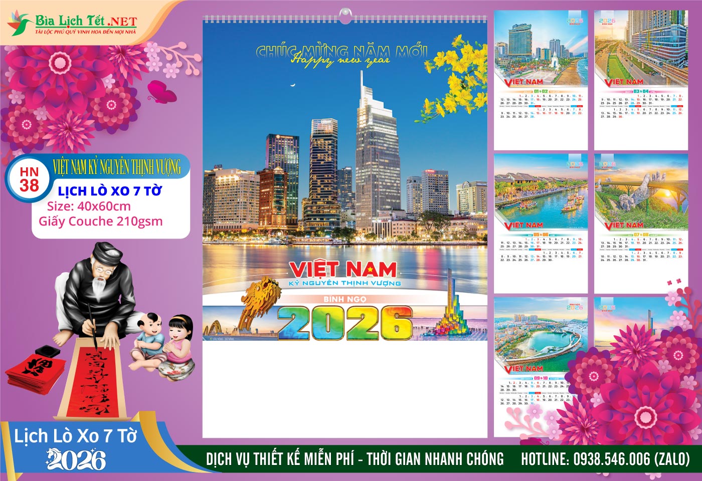 Lịch Lò Xo 7 Tờ | Mã Số: HN38 - Việt Nam Kỷ Nguyên Thịnh Vượng