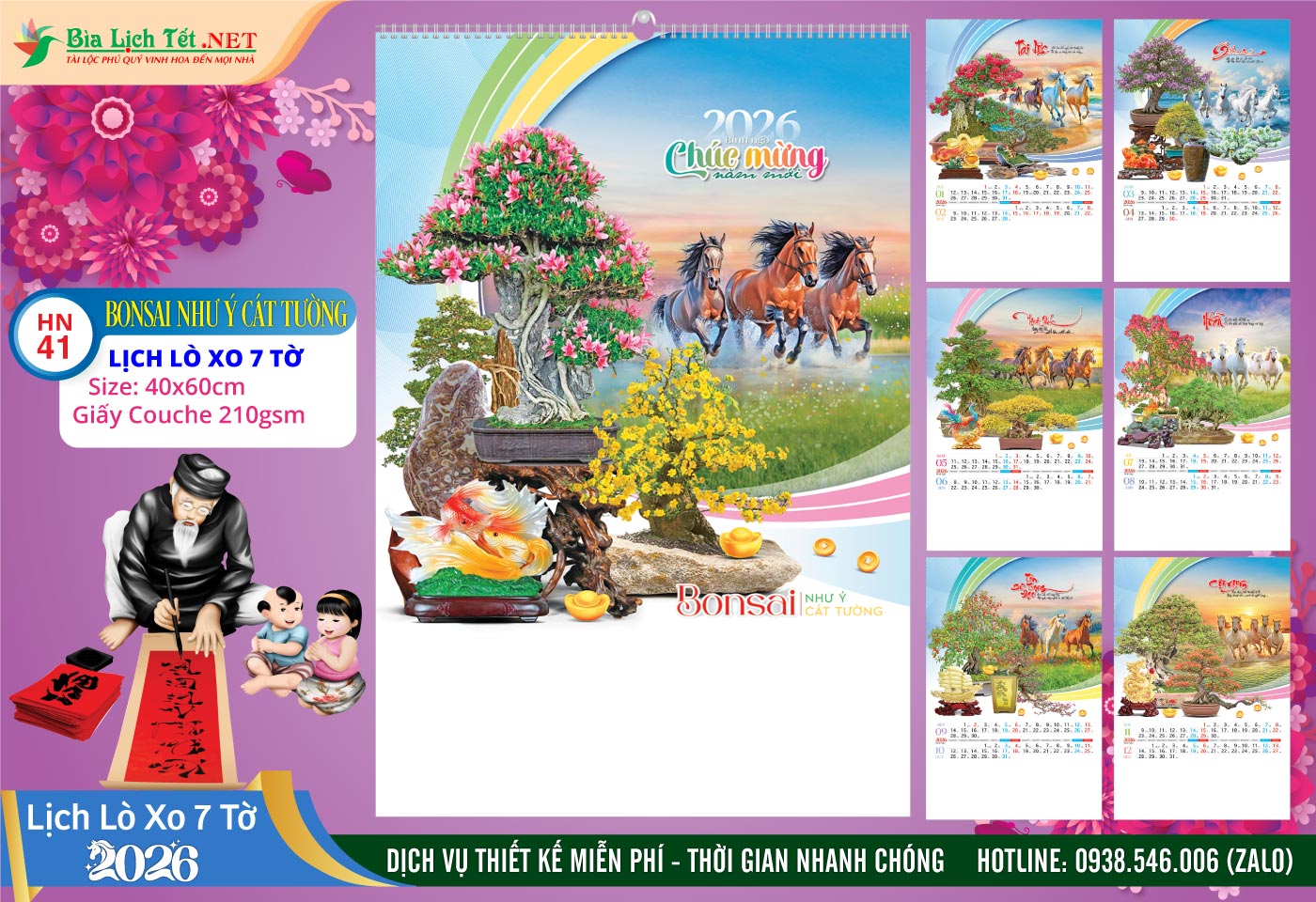 Lịch Lò Xo 7 Tờ | Mã Số: HN41 - Bonsai Như Ý Cát Tường