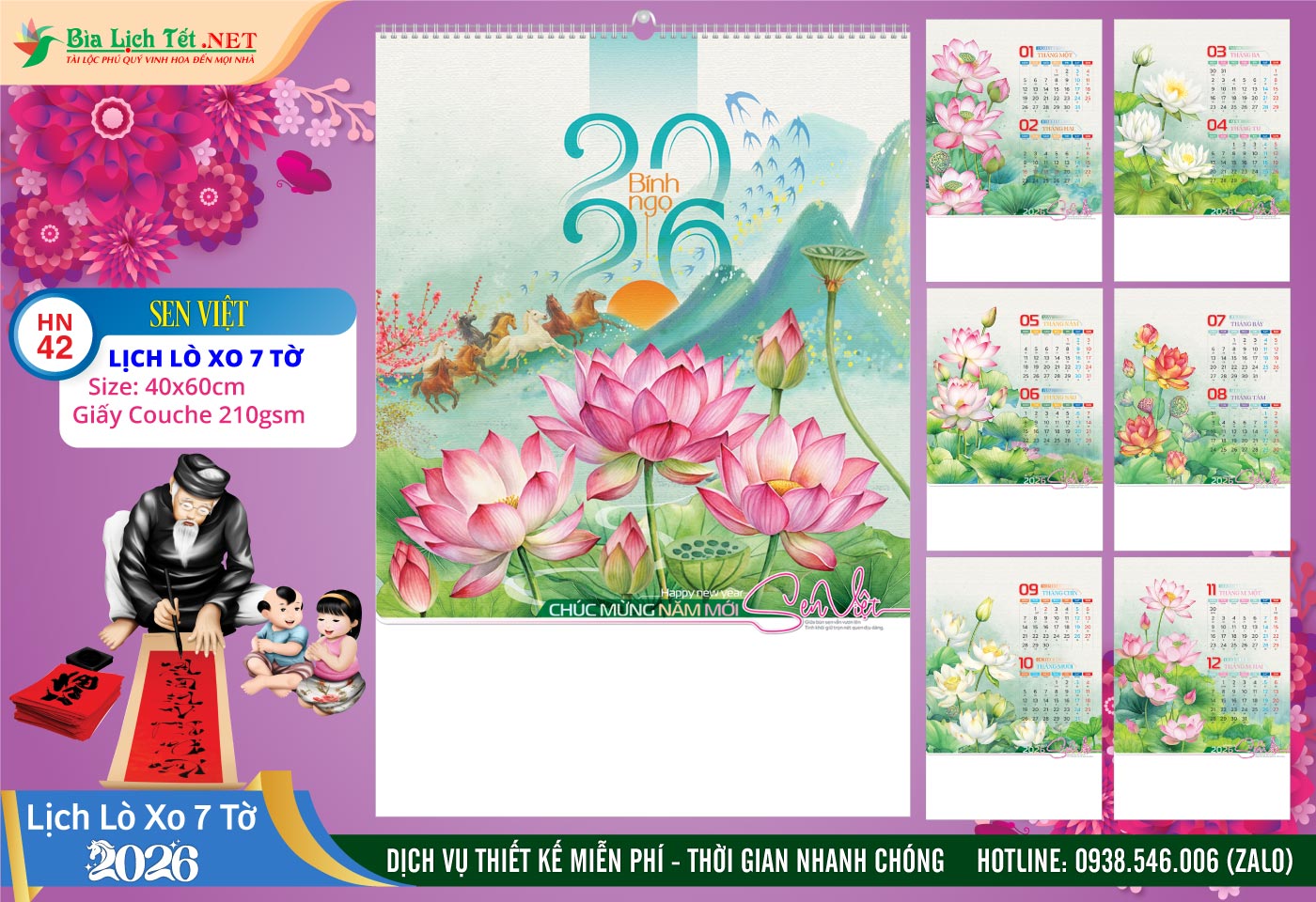 Lịch Lò Xo 7 Tờ | Mã Số: HN42 - Sen Việt