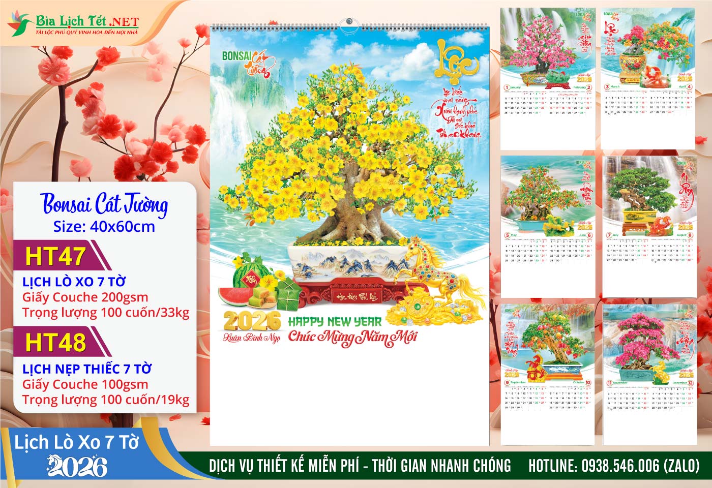 Lịch Lò Xo 7 Tờ | Mã Số: HT47 - Bonsai Cát Tường