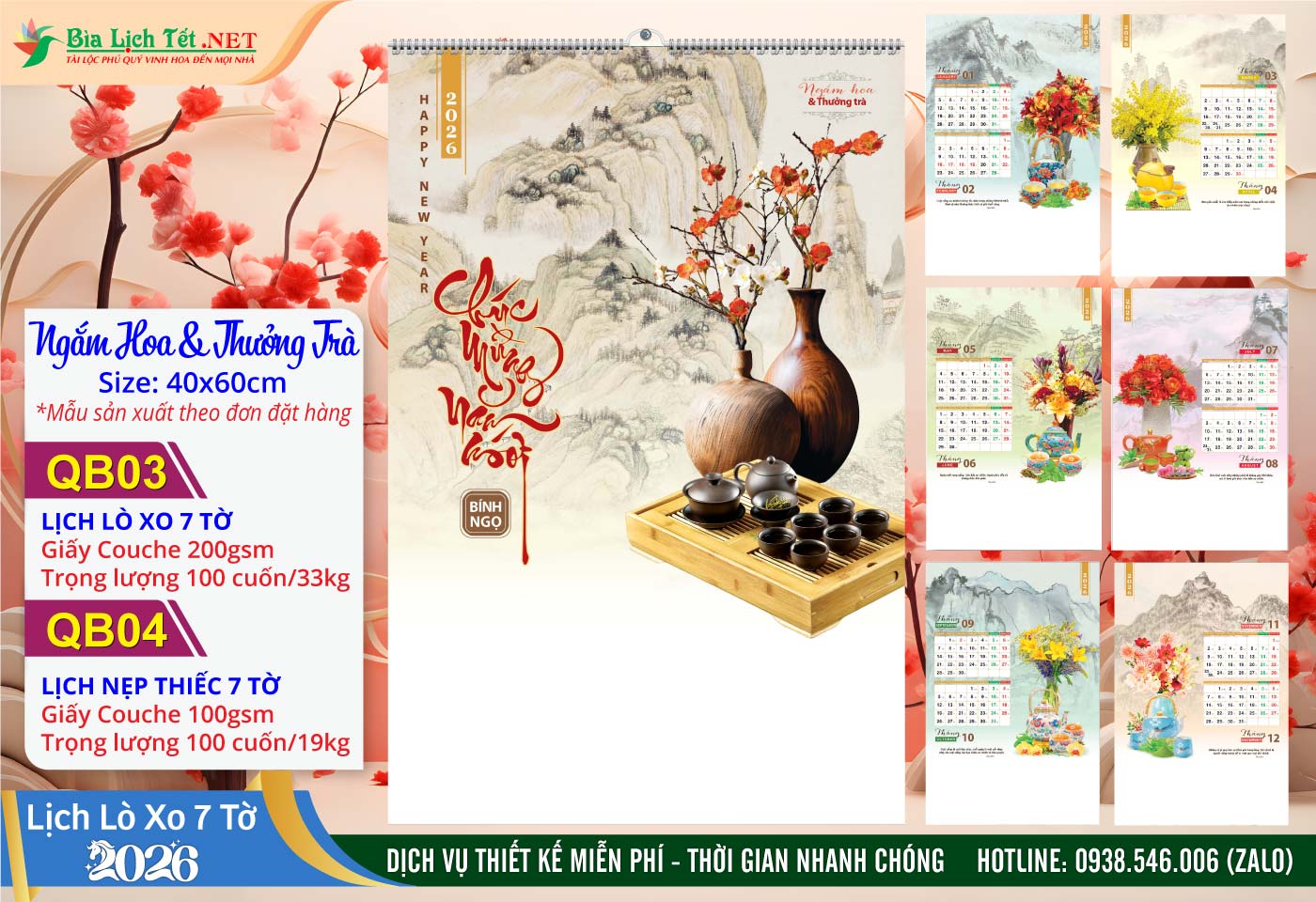 Lịch Lò Xo 7 Tờ | Mã Số: QB03 - Ngắm Hoa & Thưởng Trà