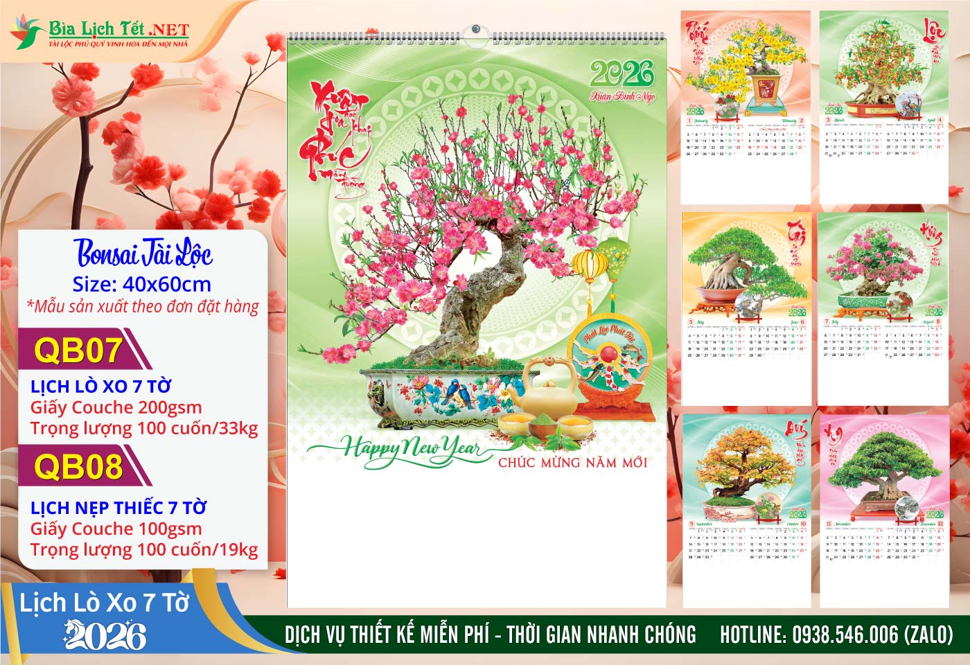 Lịch Lò Xo 7 Tờ | Mã Số: QB07 - Bonsai Tài Lộc