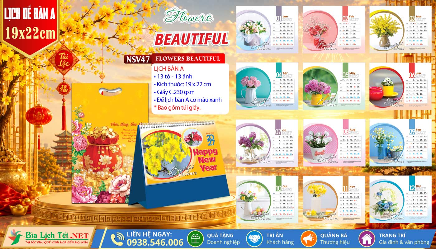 Lịch Để Bàn (19x22cm) | MS: NSV47 - Flowers Beautiful