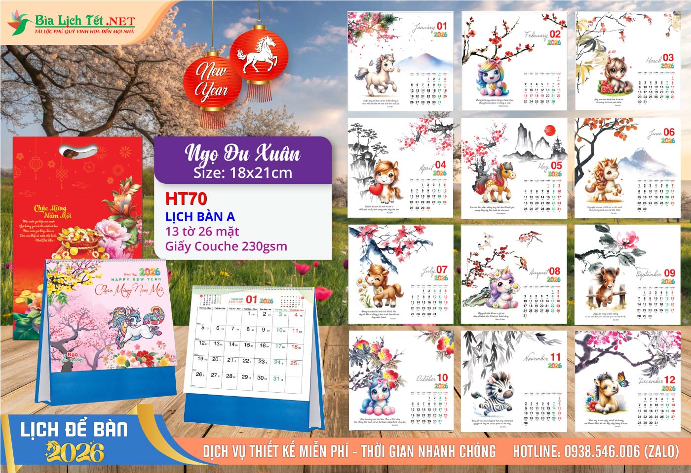 Lịch Để Bàn A (18x21cm) | Mã Số: HT70 - Ngọ Du Xuân