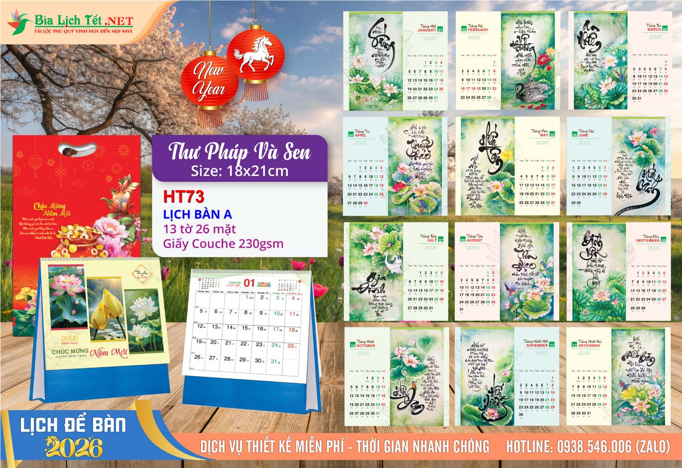 Lịch Để Bàn A (18x21cm) | Mã Số: HT73 - Thư Pháp Và Sen