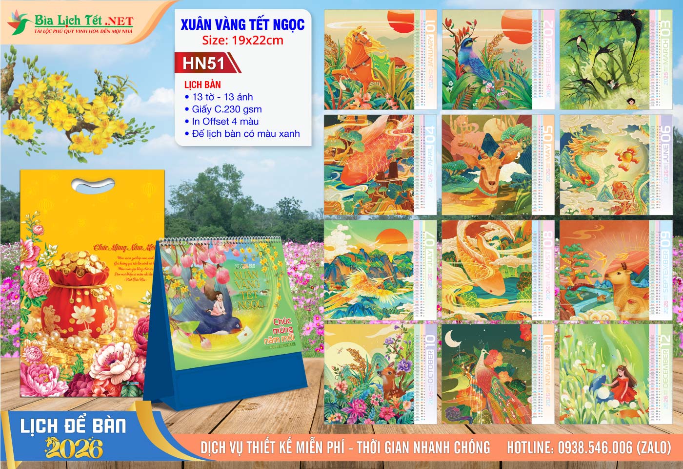 Lịch Để Bàn A (19x22cm) | Mã Số: HN51 - Xuân Vàng Tết Ngọc