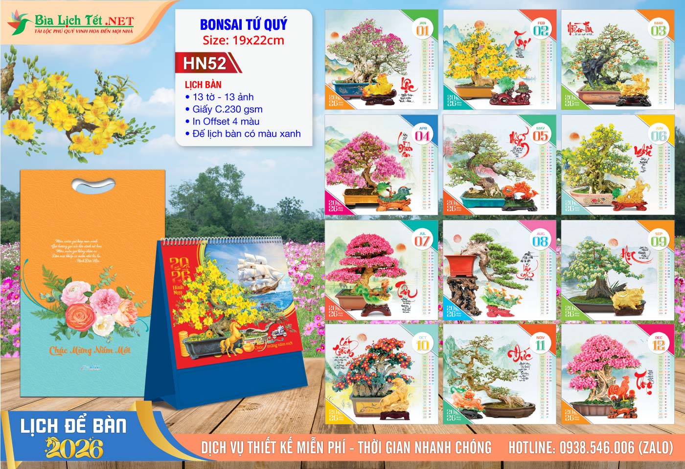 Lịch Để Bàn A (19x22cm) | Mã Số: HN52 - Bonsai Tứ Quý