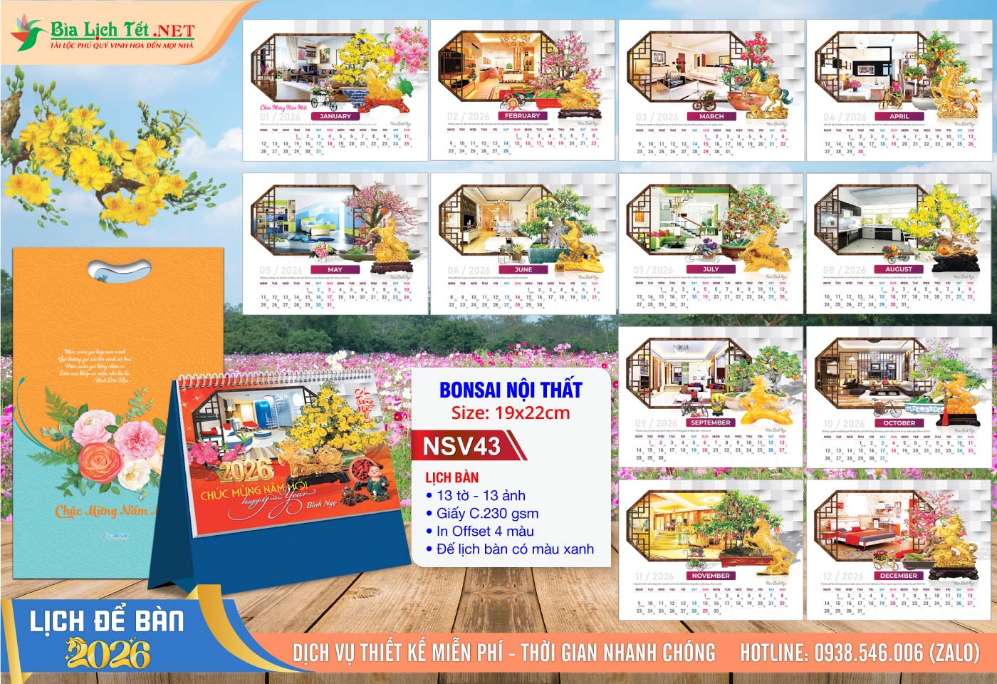 Lịch Để Bàn A (19x22cm) | Mã Số: NSV43 - Bonsai Nội Thất