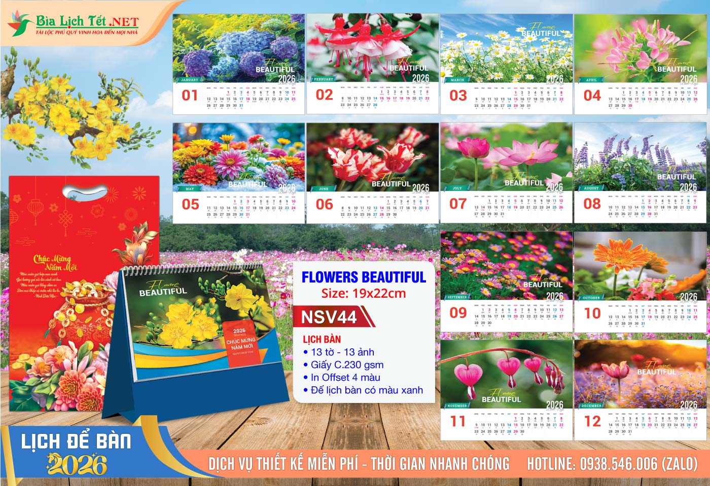 Lịch Để Bàn A (19x22cm) | Mã Số: NSV44 - Flowers Beautiful