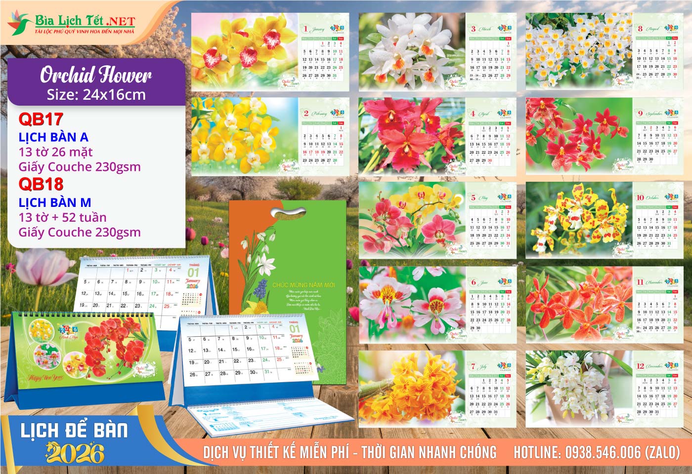 Lịch Để Bàn A & M (24x16cm) | Mã Số: QB17 - Orchid Flower