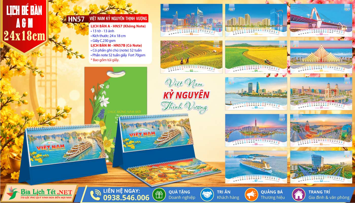 Lịch Để Bàn A & M (24x18cm) | MS: HN57 - Việt Nam Kỷ Nguyên Thịnh Vượng