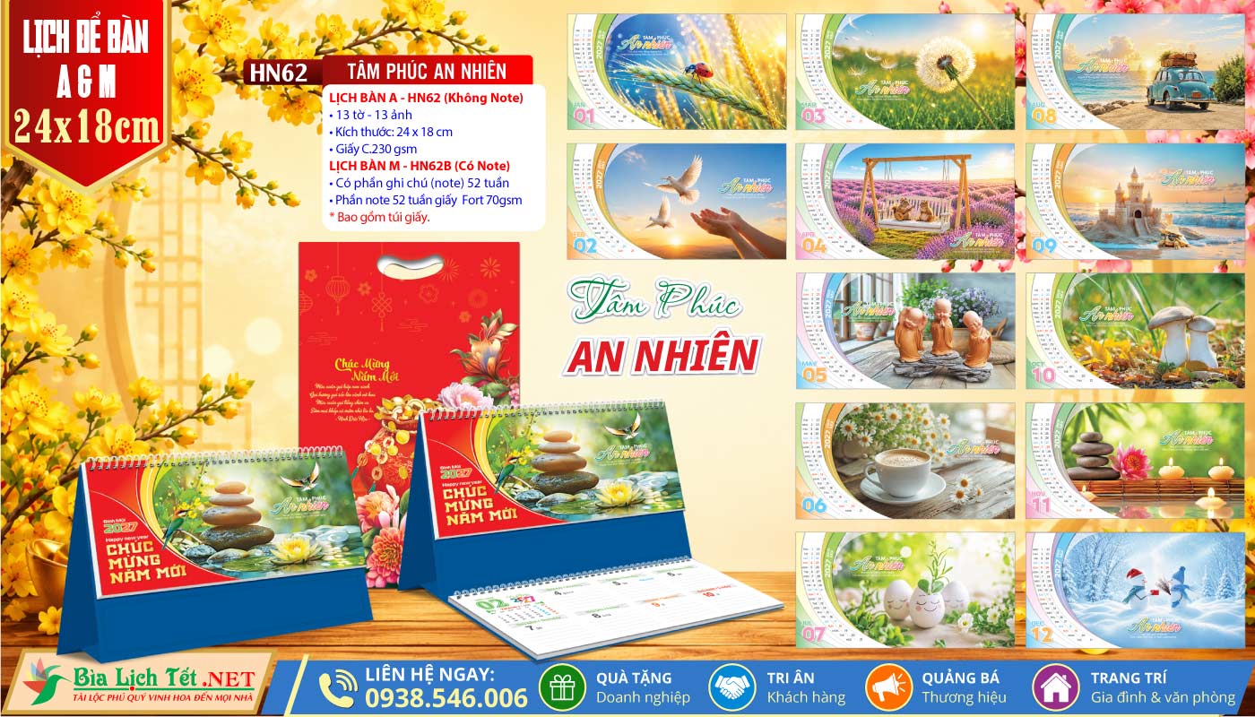 Lịch Để Bàn A & M (24x18cm) | MS: HN62 - Tâm Phúc An Nhiên