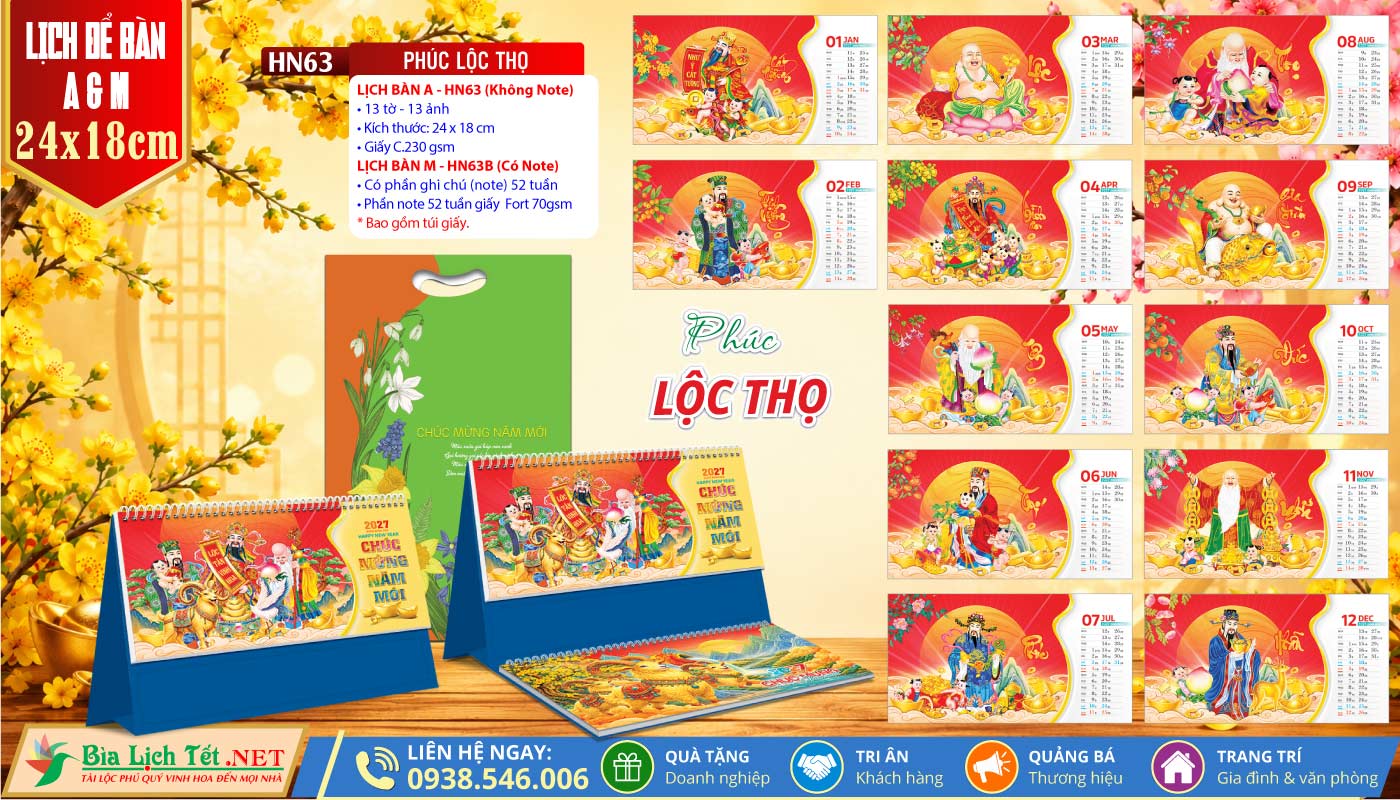 Lịch Để Bàn A & M (24x18cm) | MS: HN63 - Phúc Lộc Thọ
