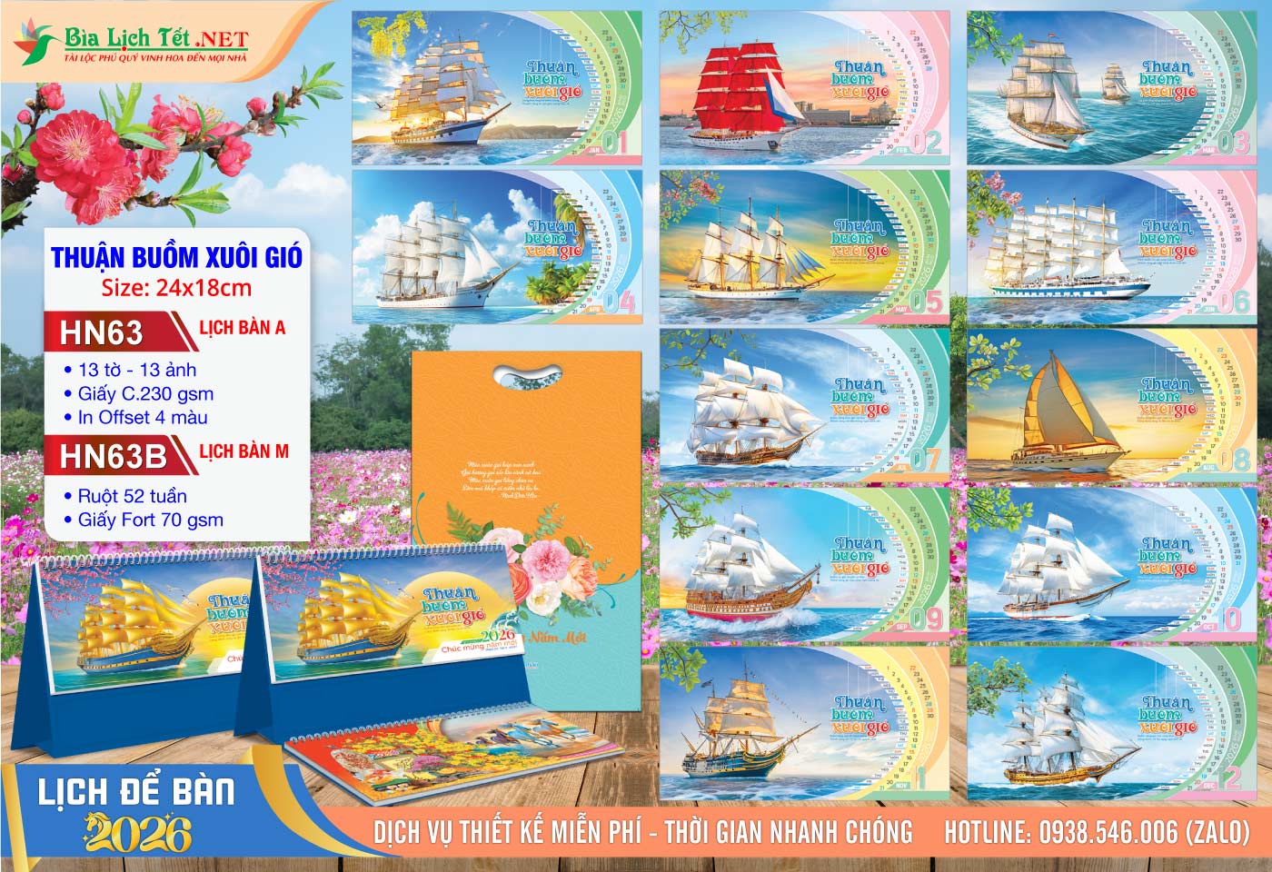 Lịch Để Bàn A & M (24x18cm) | Mã Số: HN63 - Thuận Buồm Xuôi Gió