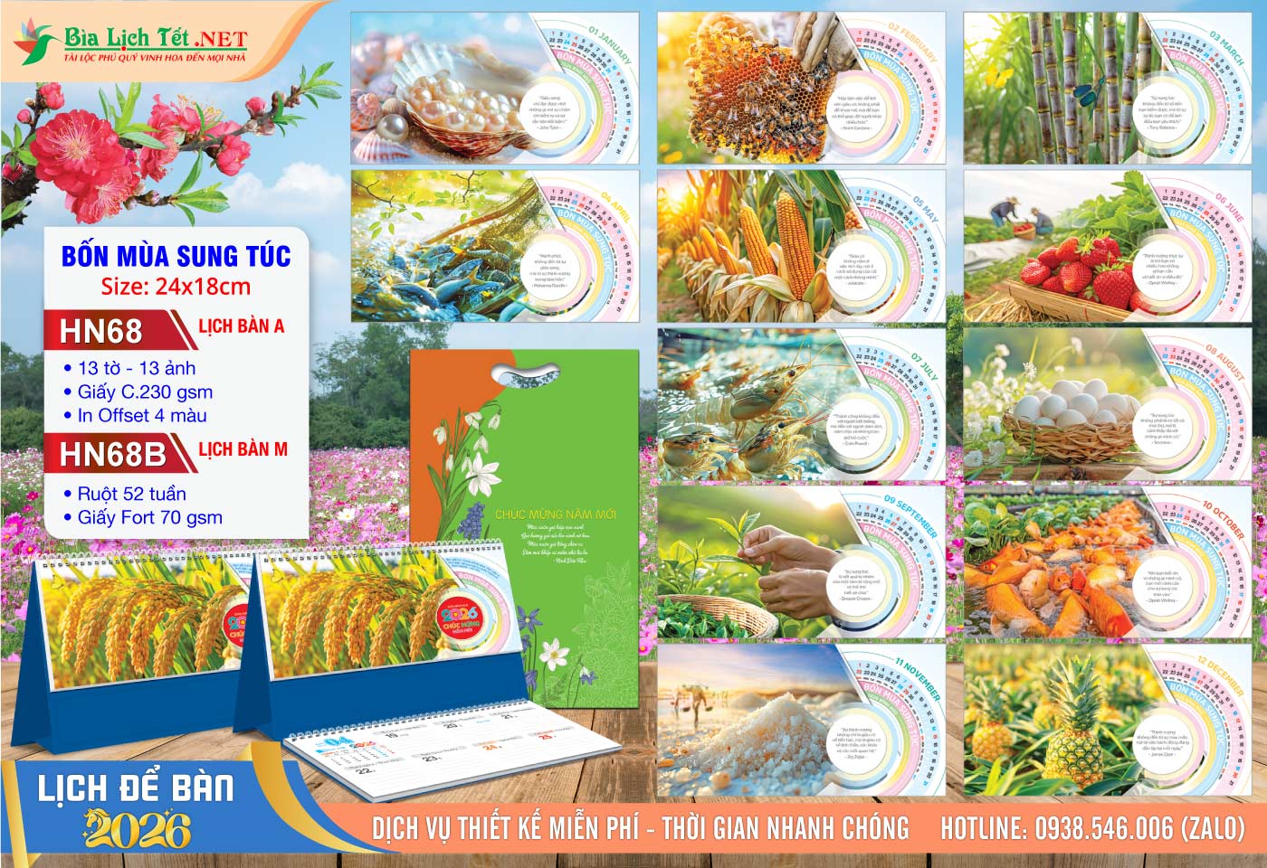 Lịch Để Bàn A & M (24x18cm) | Mã Số: HN68 - Bốn Mùa Sung Túc