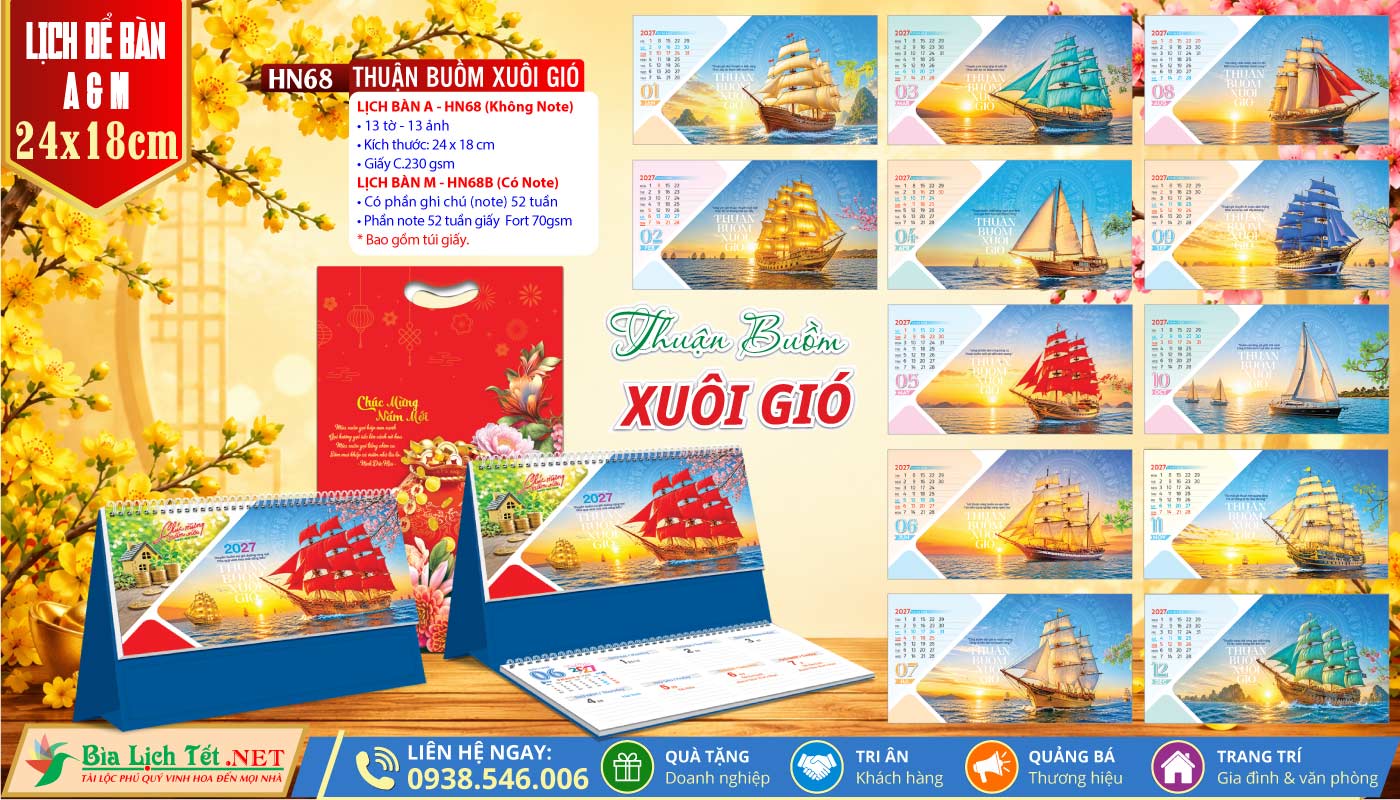 Lịch Để Bàn A & M (24x18cm) | MS: HN68 - Thuận Buồm Xuôi Gió