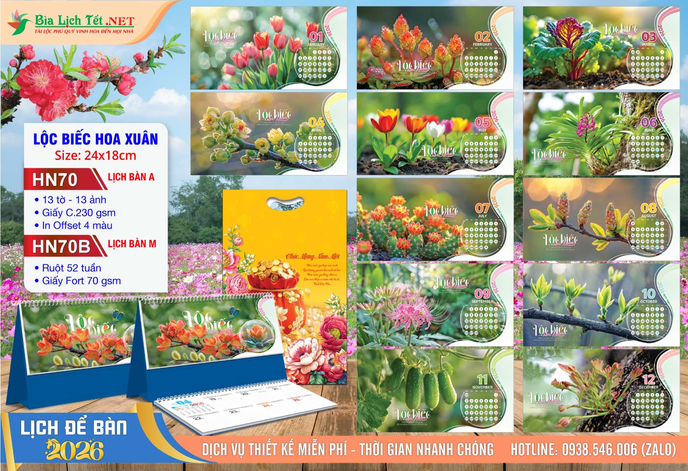 Lịch Để Bàn A & M (24x18cm) | Mã Số: HN70 - Lộc Biếc Hoa Xuân