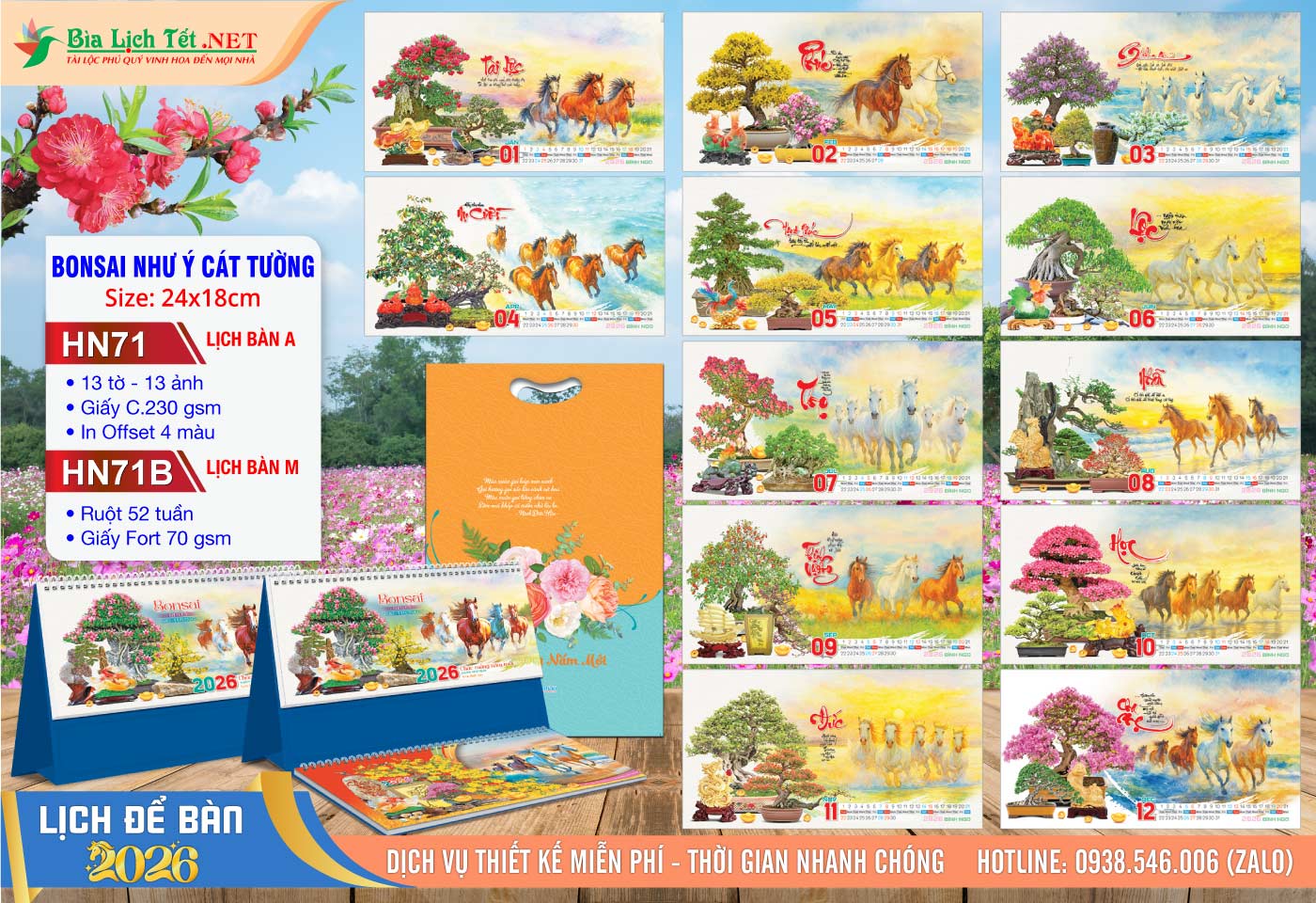 Lịch Để Bàn A & M (24x18cm) | Mã Số: HN71 - Bonsai Như Ý Cát Tường