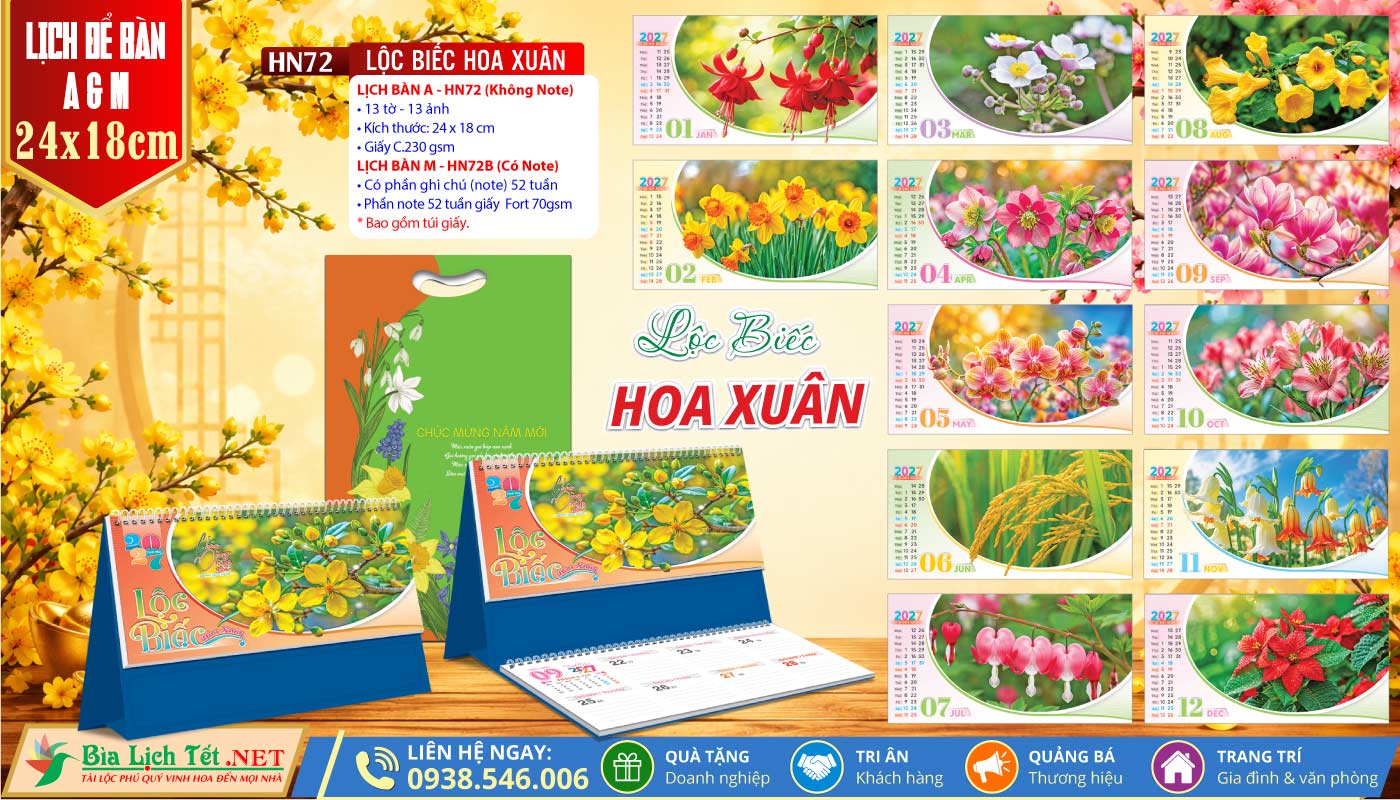 Lịch Để Bàn A & M (24x18cm) | MS: HN72 - Lộc Biếc Hoa Xuân
