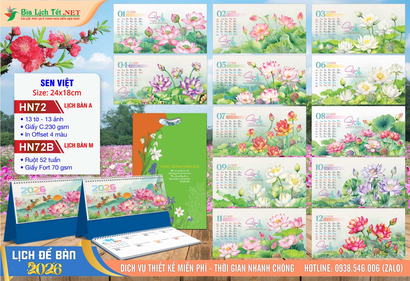 Lịch Để Bàn A & M (24x18cm) | Mã Số: HN72 - Sen Việt