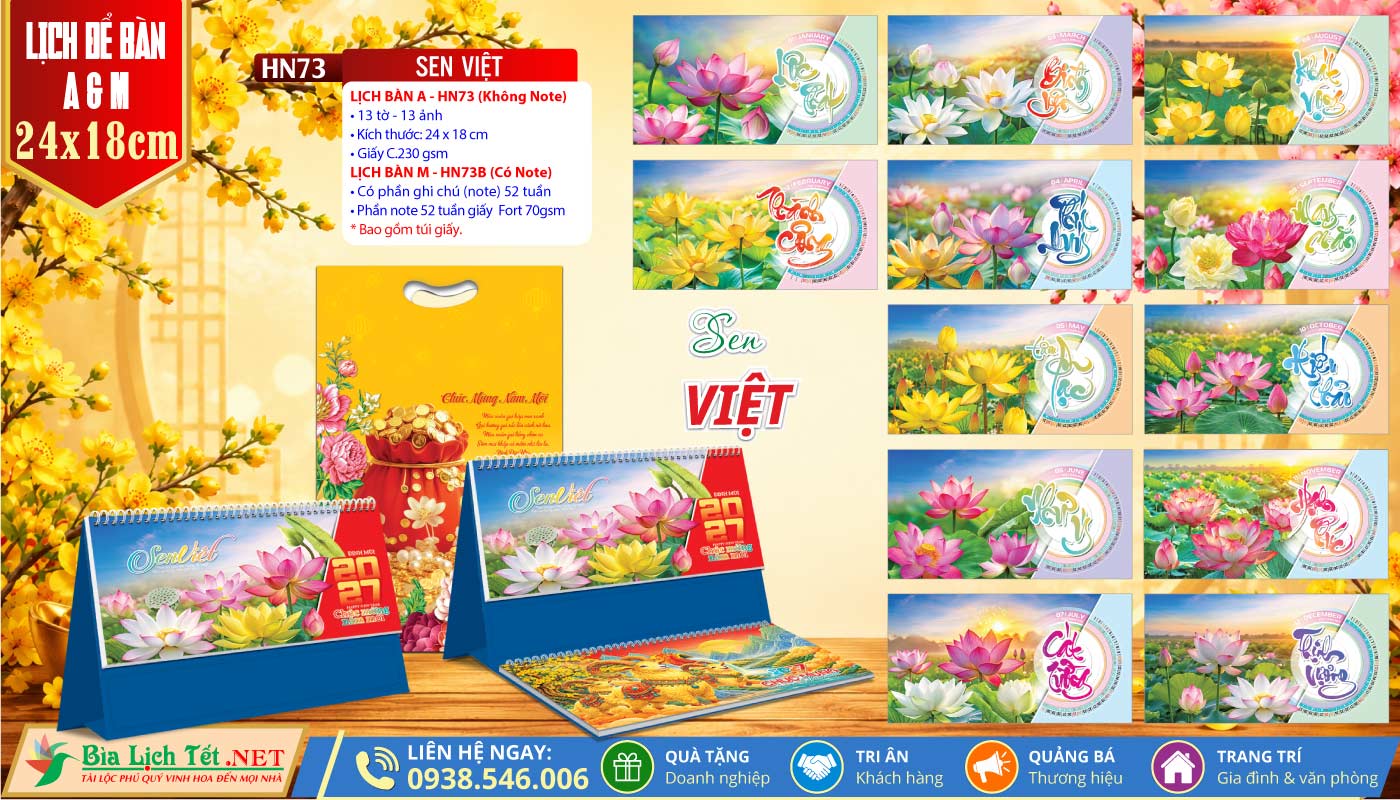 Lịch Để Bàn A & M (24x18cm) | MS: HN73 - Sen Việt