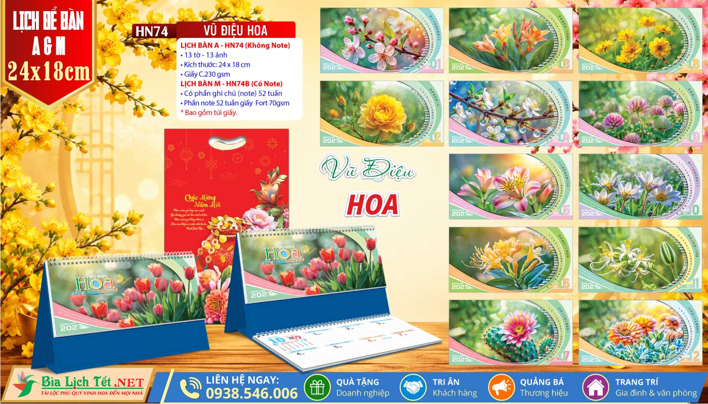 Lịch Để Bàn A & M (24x18cm) | MS: HN74 - Vũ Điệu Hoa