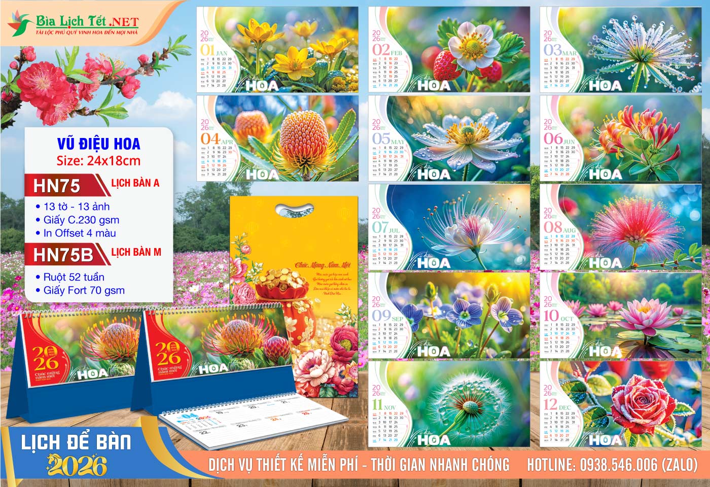 Lịch Để Bàn A & M (24x18cm) | Mã Số: HN75 - Vũ Điệu Hoa