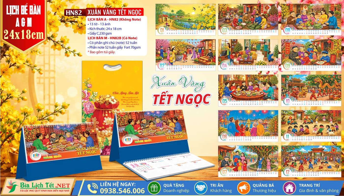 Lịch Để Bàn A & M (24x18cm) | MS: HN82 - Xuân Vàng Tết Ngọc