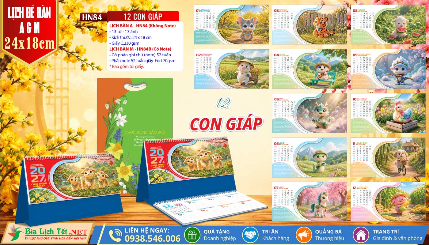 Lịch Để Bàn A & M (24x18cm) | MS: HN84 - 12 Con Giáp