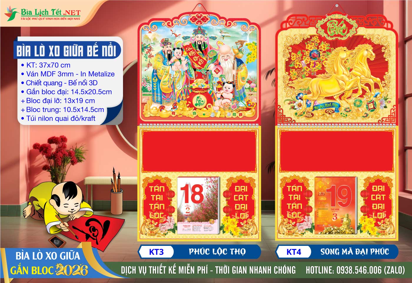 Bìa Lò Xo Giữa Bế Nổi - KT3 - Phúc Lộc Thọ + KT4 - Song Mã Đại Phúc