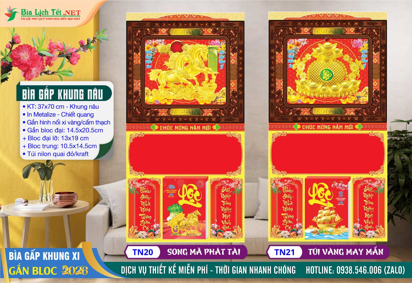 Bìa Gấp Khung Nâu - TN20 - Song Mã Phát Tài + TN21 - Túi Vàng May Mắn