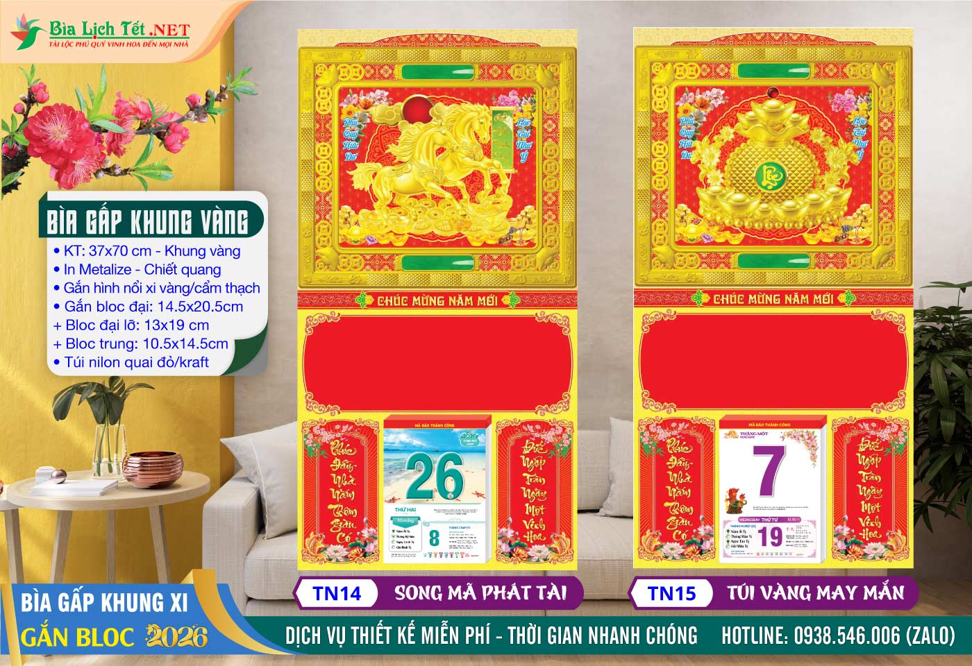 Bìa Gấp Khung Xi - TN14 - Song Mã Phát Tài + TN15 - Túi Vàng May Mắn