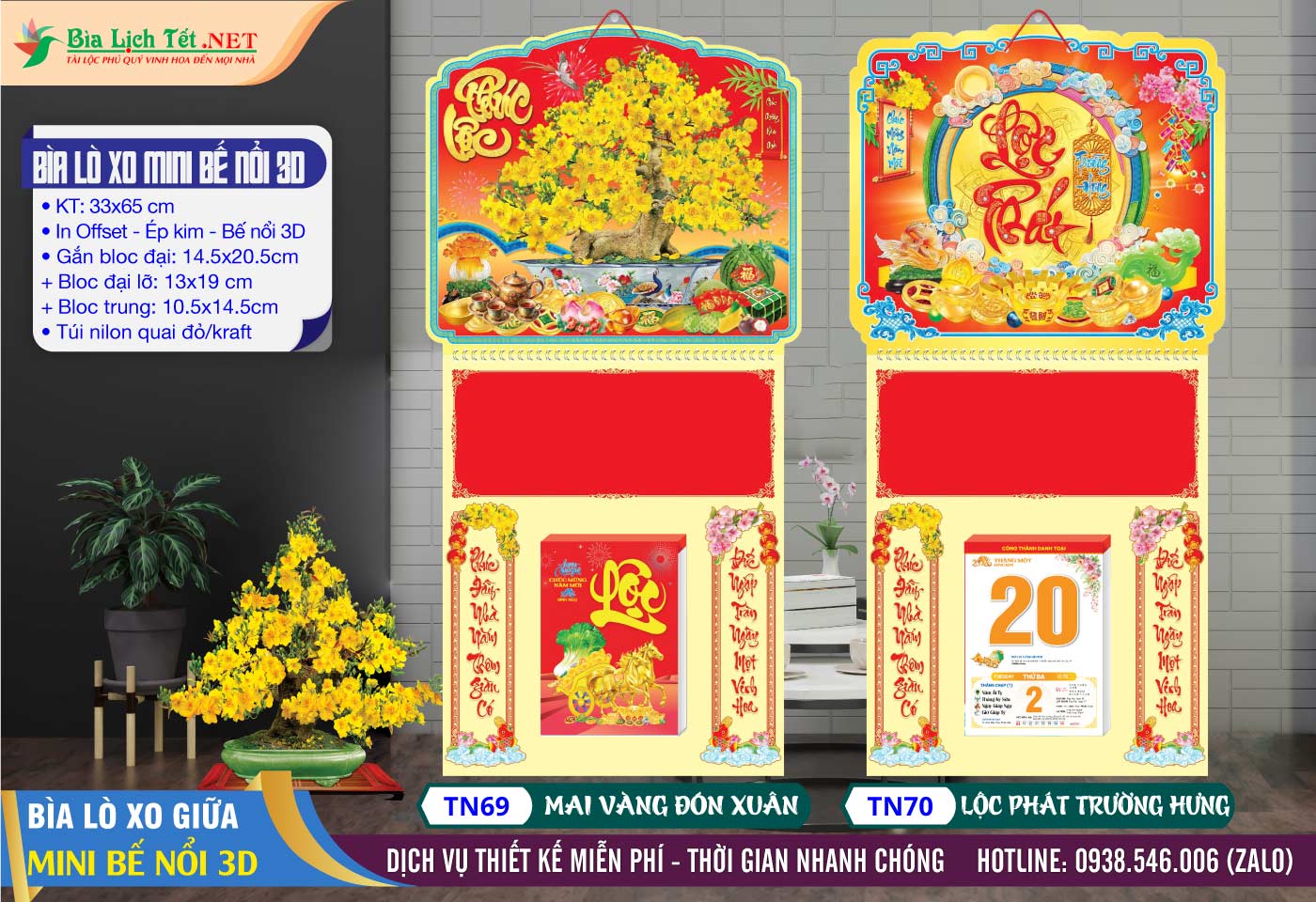 Bìa Lò Xo Mini (33x65) Bế Nổi - Mã Số: TN69 - Mai Vàng Đón Xuân + TN70 - Lộc Phát Trường Hưng