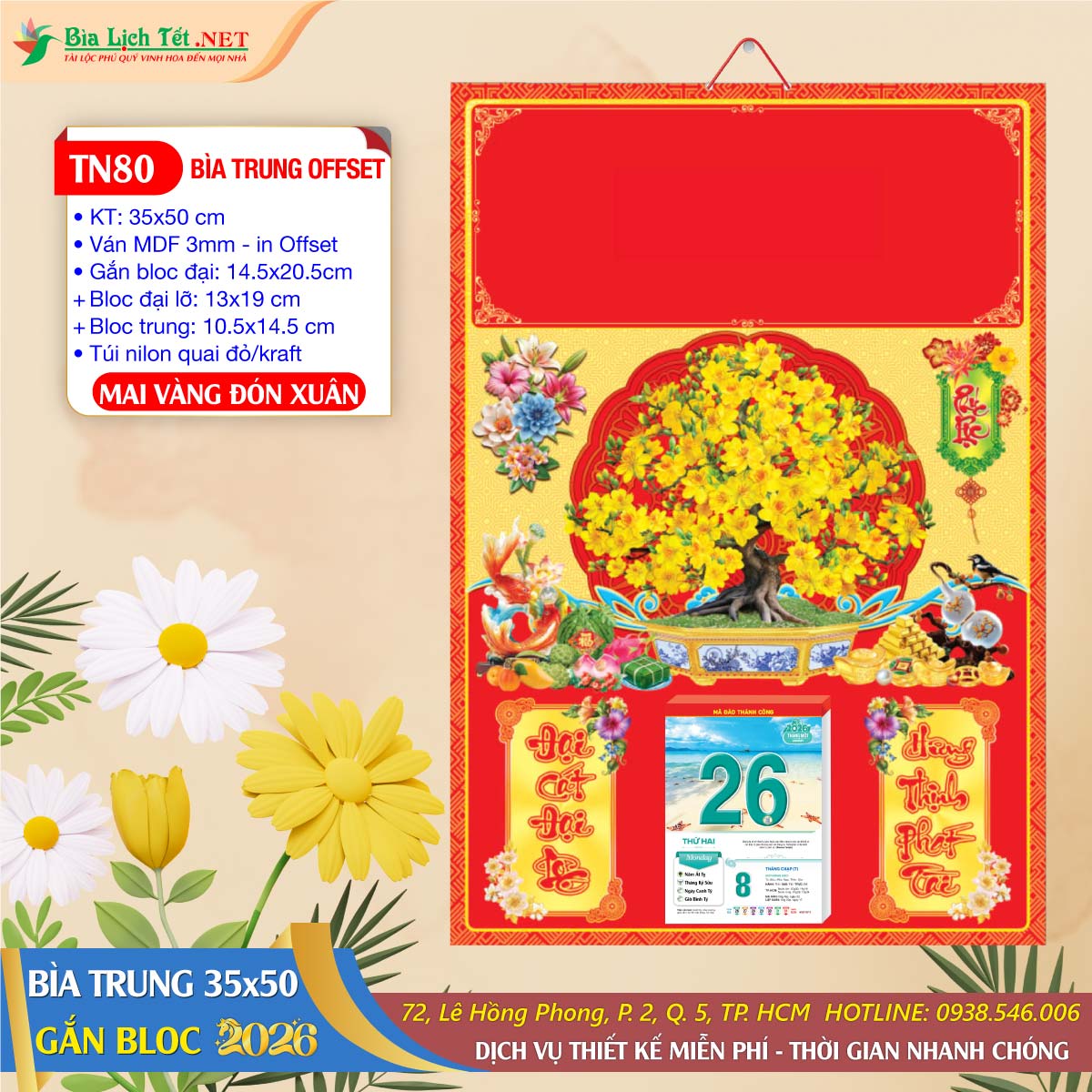 Bìa Trung (35x50) Ván MDF - TN80 - Mai Vàng Đón Xuân