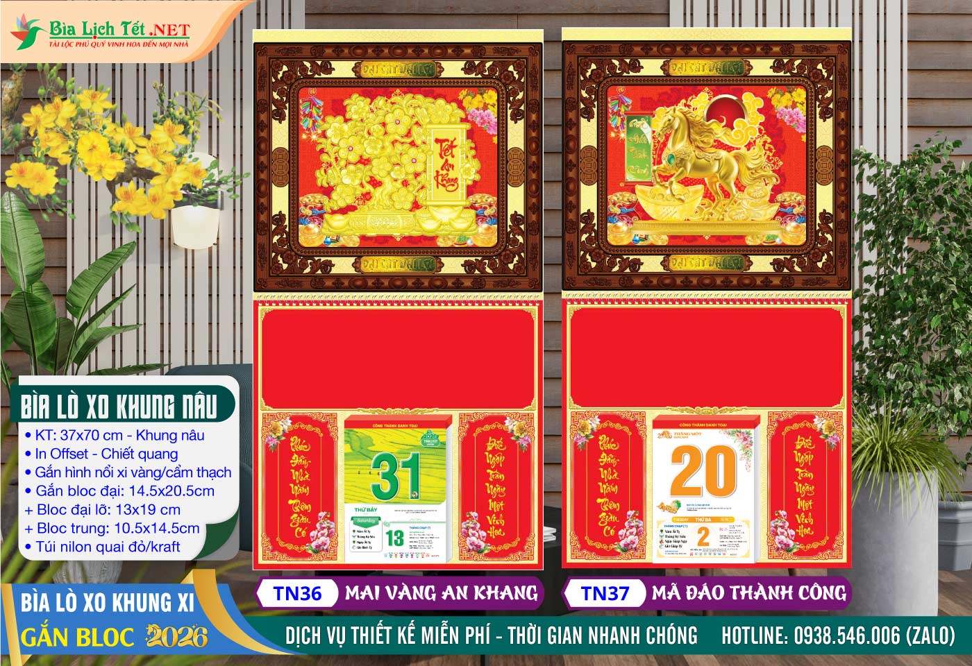 Bìa Lò Xo Khung Nâu - TN36 - Mai Vàng An Khang + TN37 - Mã Đáo Thành Công