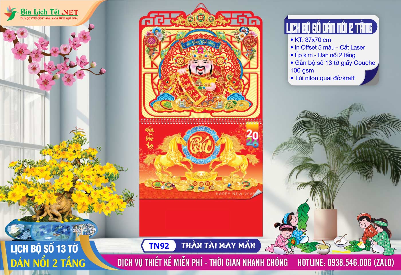 Lịch Lò Xo Bộ Số Dán Nổi 2 Tầng - TN92 - Thần Tài May Mắn
